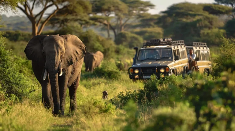 A herd of elephants crossing a dusty road with a safari jeep observing in the foreground